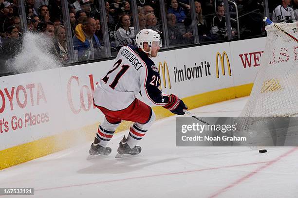 James Wisniewski of the Columbus Blue Jackets skates with the puck against the Los Angeles Kings at Staples Center on April 18, 2013 in Los Angeles,...