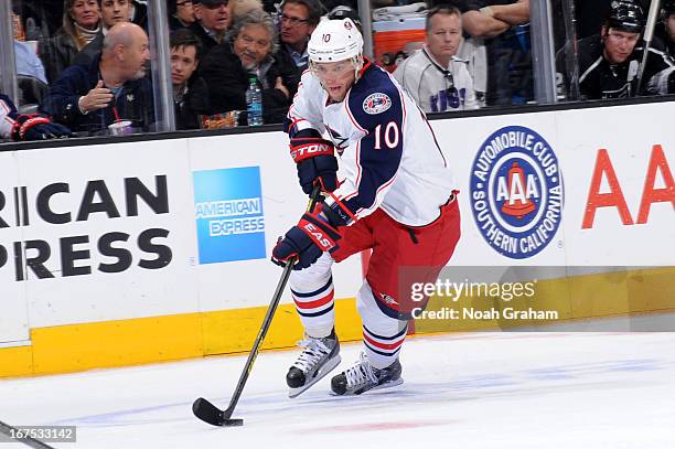 Marian Gaborik of the Columbus Blue Jackets skates with the puck against the Los Angeles Kings at Staples Center on April 18, 2013 in Los Angeles,...