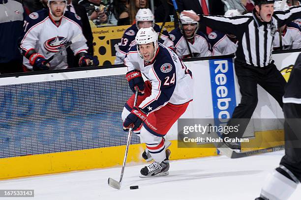 Derek MacKenzie of the Columbus Blue Jackets skates with the puck against the Los Angeles Kings at Staples Center on April 18, 2013 in Los Angeles,...