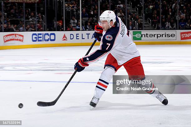 Jack Johnson of the Columbus Blue Jackets skates with the puck against the Los Angeles Kings at Staples Center on April 18, 2013 in Los Angeles,...