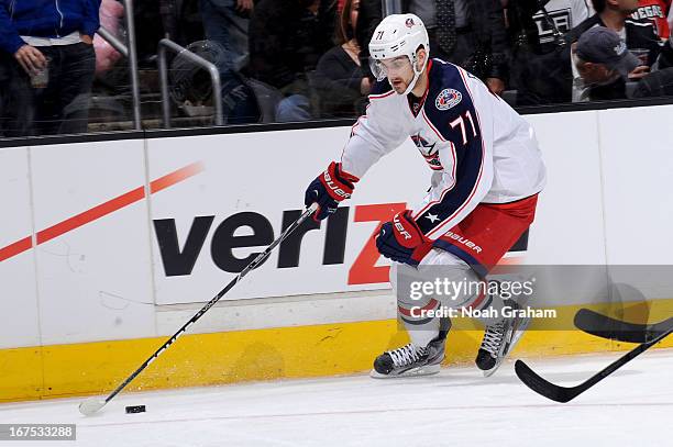 Nick Foligno of the Columbus Blue Jackets skates with the puck against the Los Angeles Kings at Staples Center on April 18, 2013 in Los Angeles,...
