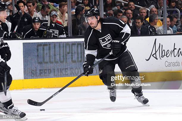 Drew Doughty of the Los Angeles Kings skates with the puck against the Columbus Blue Jackets at Staples Center on April 18, 2013 in Los Angeles,...