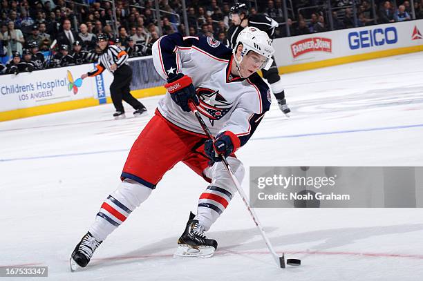 Matt Calvert of the Columbus Blue Jackets skates with the puck against the Los Angeles Kings at Staples Center on April 18, 2013 in Los Angeles,...