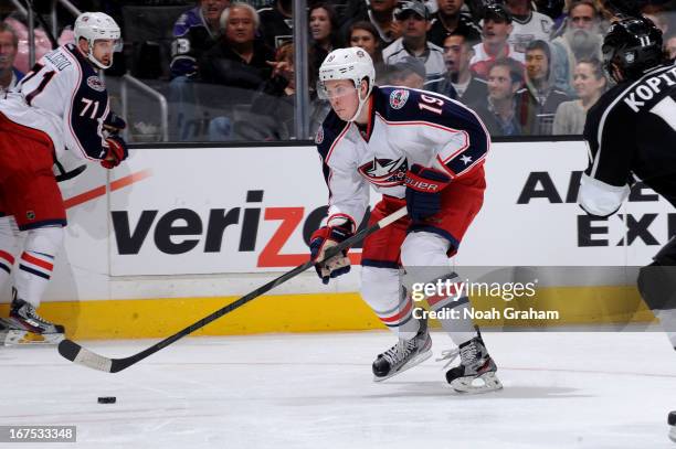 Ryan Johansen of the Columbus Blue Jackets skates with the puck against the Los Angeles Kings at Staples Center on April 18, 2013 in Los Angeles,...
