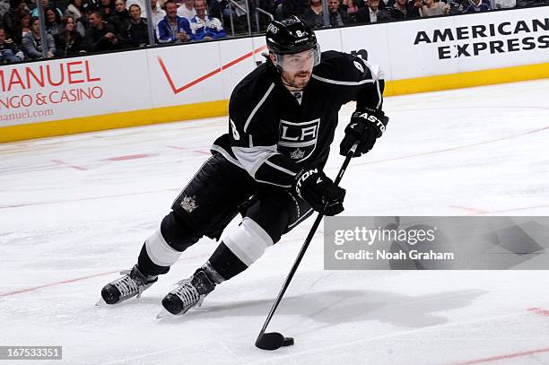 Drew Doughty of the Los Angeles Kings skates with the puck against the Columbus Blue Jackets at Staples Center on April 18, 2013 in Los Angeles,...