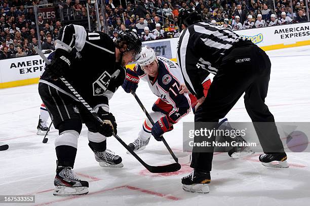 Anze Kopitar of the Los Angeles Kings takes the faceoff against Brandon Dubinsky of the Columbus Blue Jackets at Staples Center on April 18, 2013 in...