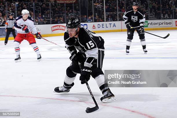 Brad Richardson of the Los Angeles Kings skates with the puck against the Columbus Blue Jackets at Staples Center on April 18, 2013 in Los Angeles,...