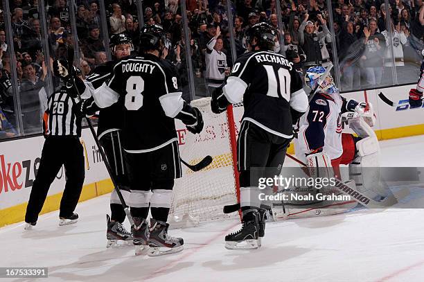 The Los Angeles Kings celebrate after a goal against the Columbus Blue Jackets at Staples Center on April 18, 2013 in Los Angeles, California.