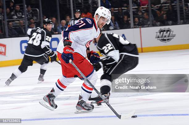 Nick Foligno of the Columbus Blue Jackets skates with the puck against the Los Angeles Kings at Staples Center on April 18, 2013 in Los Angeles,...