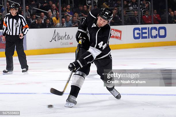 Robyn Regehr of the Los Angeles Kings skates with the puck against the Columbus Blue Jackets at Staples Center on April 18, 2013 in Los Angeles,...