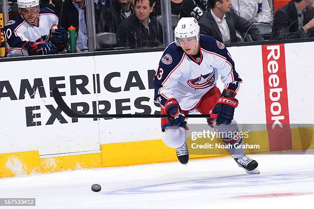 Cam Atkinson of the Columbus Blue Jackets skates with the puck against the Los Angeles Kings at Staples Center on April 18, 2013 in Los Angeles,...