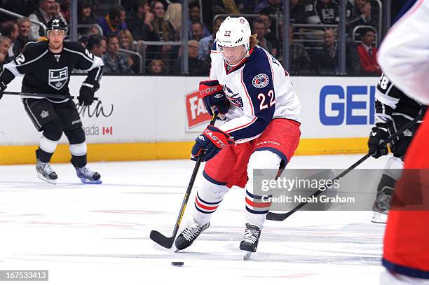 Vinny Prospal of the Columbus Blue Jackets skates with the puck against the Los Angeles Kings at Staples Center on April 18, 2013 in Los Angeles,...