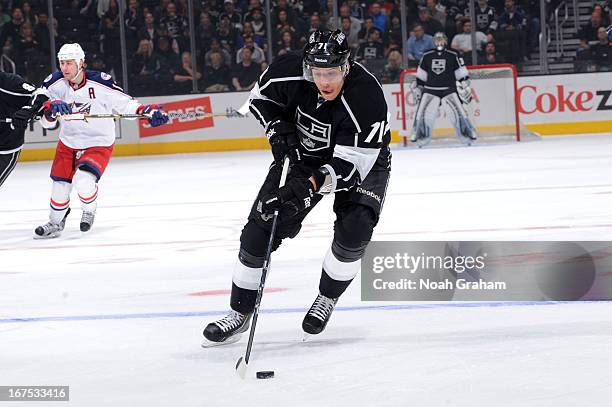 Jordan Nolan of the Los Angeles Kings skates with the puck against the Columbus Blue Jackets at Staples Center on April 18, 2013 in Los Angeles,...