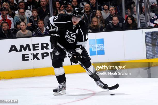 Anze Kopitar of the Los Angeles Kings skates with the puck against the Columbus Blue Jackets at Staples Center on April 18, 2013 in Los Angeles,...