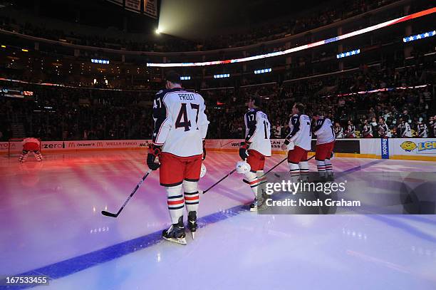 The Columbus Blue Jackets stand on the ice prior to the game against the Los Angeles Kings at Staples Center on April 18, 2013 in Los Angeles,...