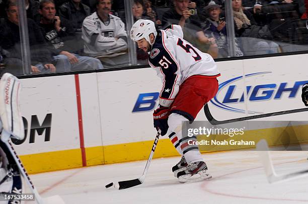 Fedor Tyutin of the Columbus Blue Jackets skates with the puck against the Los Angeles Kings at Staples Center on April 18, 2013 in Los Angeles,...