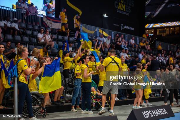 Fans support Team Ukraine during the the Mixed Team Wheelchair Rugby match with Team Italy during day one of the Invictus Games Düsseldorf 2023 on...