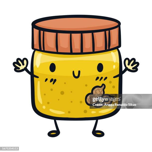 lustige erdnussbutterglas-karikaturillustration - erdnussbutter stock-grafiken, -clipart, -cartoons und -symbole
