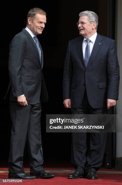 Germany's new president Joachim Gauck and Polish Prime Ministe Donald Tusk talk on March 27, 2012 during a meeting in Warsaw. Gauck makes his first...