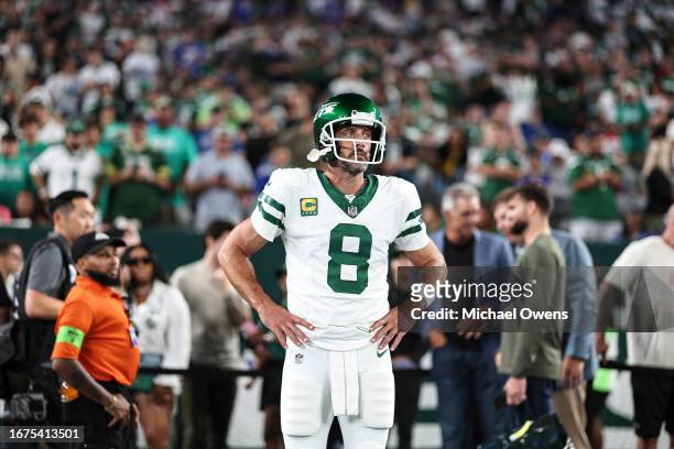 Aaron Rodgers of the New York Jets looks on prior to a game against the Buffalo Bills at MetLife Stadium on September 11, 2023 in East Rutherford,...