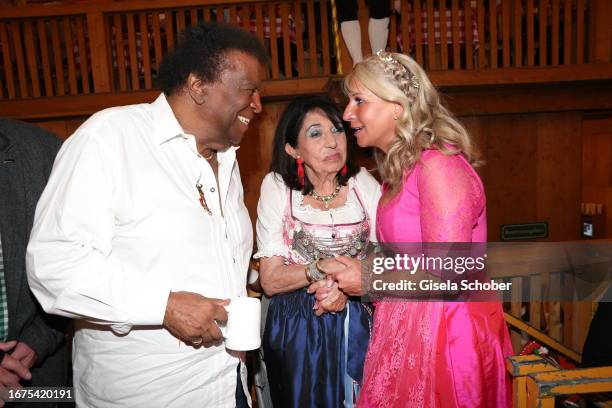 Roberto Blanco, Regine Sixt, Karin Baumueller-Soeder during the Regine's Damenwiesn at Schützen-Festzelt Theresienwiese on September 18, 2023 in...