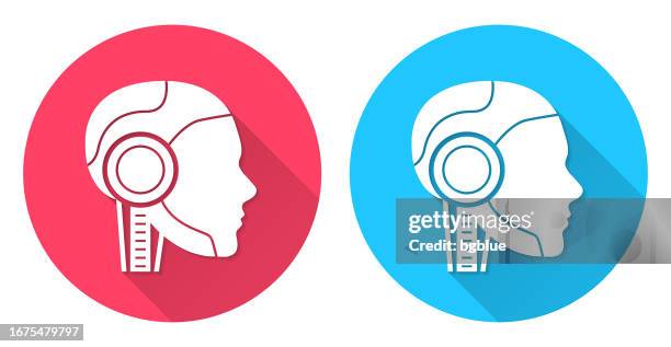 robot head in profile. round icon with long shadow on red or blue background - face side profile stock illustrations