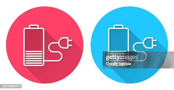 battery charging. round icon with long shadow on red or blue background - lithium stock illustrations