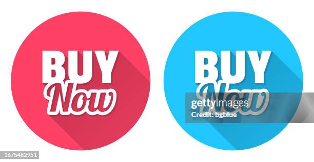 buy now. round icon with long shadow on red or blue background - instant payment stock illustrations