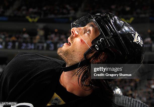 Kris Letang of the Pittsburgh Penguins looks on against the Buffalo Sabres on April 23, 2013 at Consol Energy Center in Pittsburgh, Pennsylvania.