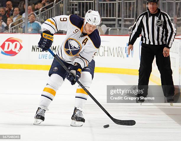 Steve Ott of the Buffalo Sabres moves the puck against the Pittsburgh Penguins on April 23, 2013 at Consol Energy Center in Pittsburgh, Pennsylvania.