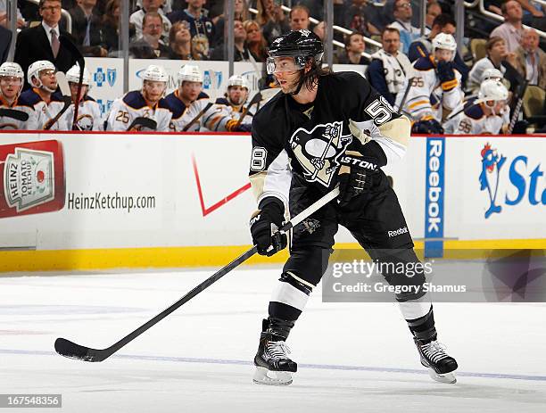 Kris Letang of the Pittsburgh Penguins skates against the Buffalo Sabres on April 23, 2013 at Consol Energy Center in Pittsburgh, Pennsylvania.