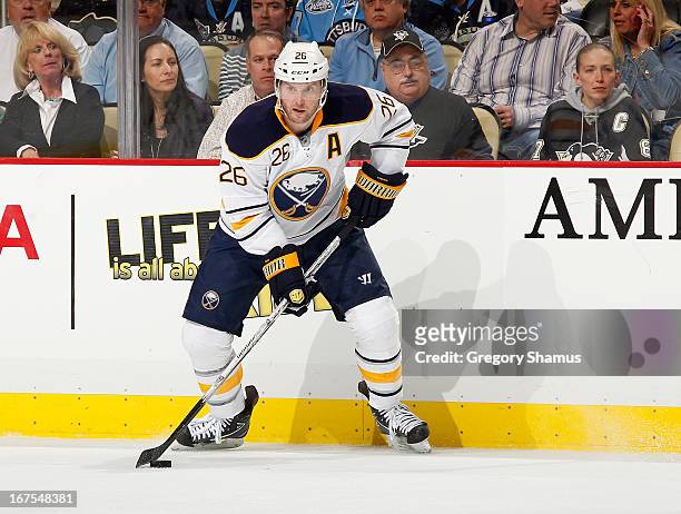 Thomas Vanek of the Buffalo Sabres moves the puck against the Pittsburgh Penguins on April 23, 2013 at Consol Energy Center in Pittsburgh,...