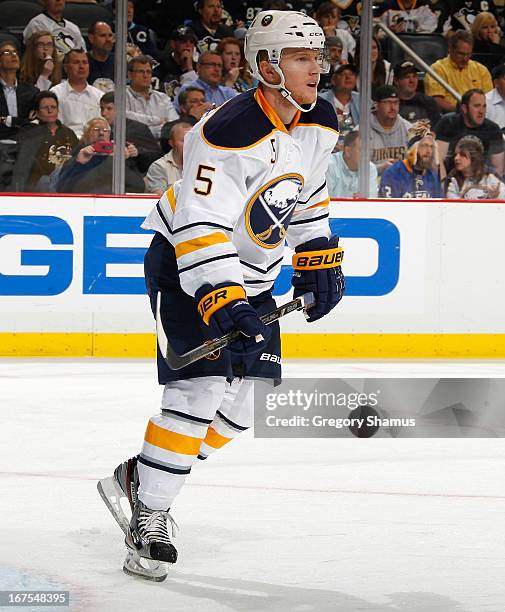 Chad Ruhwedel of the Buffalo Sabres skates against the Pittsburgh Penguins on April 23, 2013 at Consol Energy Center in Pittsburgh, Pennsylvania.