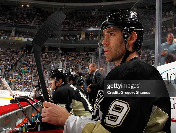 Pascal Dupuis of the Pittsburgh Penguins looks on against the Buffalo Sabres on April 23, 2013 at Consol Energy Center in Pittsburgh, Pennsylvania.