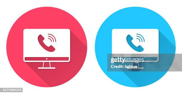 desktop computer with incoming call. round icon with long shadow on red or blue background - two computer screens stock illustrations