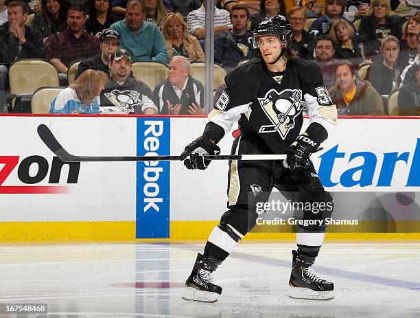 Kris Letang of the Pittsburgh Penguins skates against the Buffalo Sabres on April 23, 2013 at Consol Energy Center in Pittsburgh, Pennsylvania.