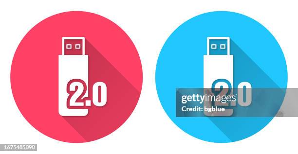 usb 2.0 flash drive. round icon with long shadow on red or blue background - usb sticks stock illustrations