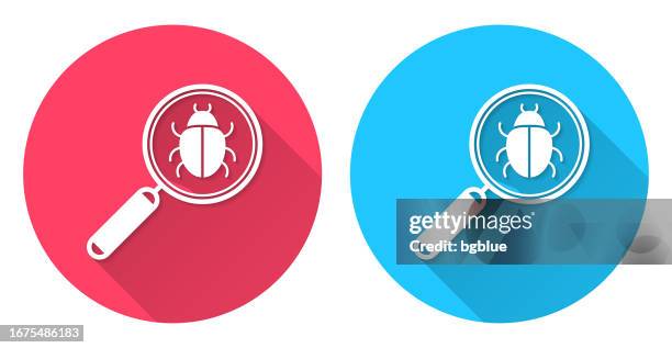 magnifying glass with bug. round icon with long shadow on red or blue background - magnifying glass stock illustrations
