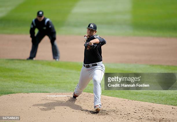 Jose Fernandez of the Miami Marlins delivers a pitch against the Minnesota Twins of the first game of a doubleheader on April 23, 2013 at Target...