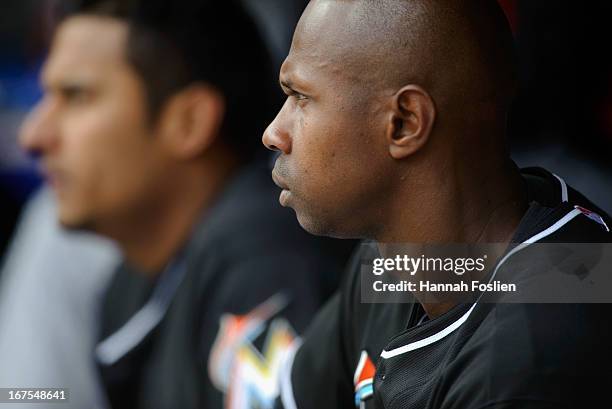 Juan Pierre of the Miami Marlins looks on during the first game of a doubleheader against the Minnesota Twins on April 23, 2013 at Target Field in...