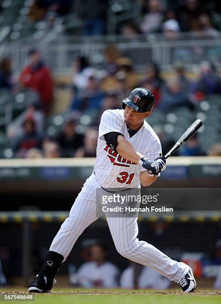 Oswaldo Arcia of the Minnesota Twins bats against the Miami Marlins during the first game of a doubleheader on April 23, 2013 at Target Field in...