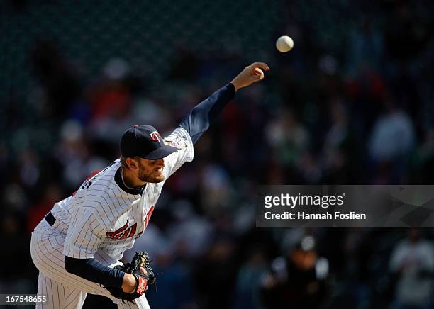 Glen Perkins of the Minnesota Twins delivers a pitch against the Miami Marlins during the first game of a doubleheader on April 23, 2013 at Target...