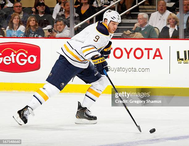 Steve Ott of the Buffalo Sabres moves the puck against the Pittsburgh Penguins on April 23, 2013 at Consol Energy Center in Pittsburgh, Pennsylvania.