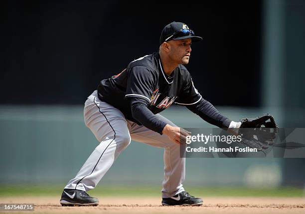 Placido Polanco of the Miami Marlins plays third base during the first game of a doubleheader against the Minnesota Twins on April 23, 2013 at Target...