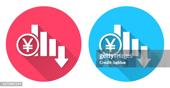 Yen rate decrease. Round icon with long shadow on red or blue background Yen rate decrease. Round icon with long shadow on red or blue background