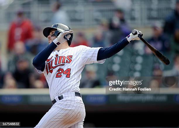 Trevor Plouffe of the Minnesota Twins bats against the Miami Marlins during the first game of a doubleheader on April 23, 2013 at Target Field in...