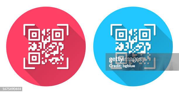 qr code scan. round icon with long shadow on red or blue background - qr code scanning red stock illustrations