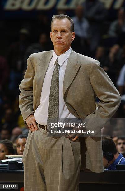 Head coach Doug Collins of the Washington Wizards looks on against the Utah Jazz during the game at the MCI Center on November 14, 2002 in Washington...