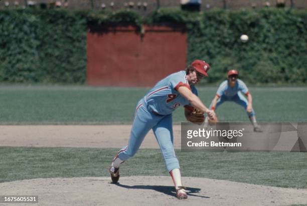 The Philadelphia Phillies' Steve Carlton in action against the Chicago Cubs in Chicago, Illinois, August 12th 1977.
