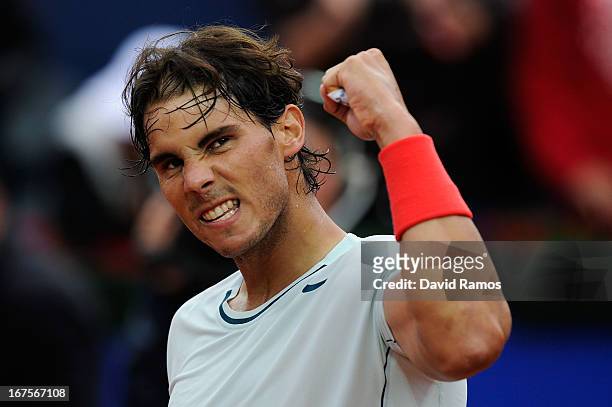 Rafael Nadal of Spain celebrates winning his quarter-final match against Albert Ramos of Spain during day five of the 2013 Barcelona Open Banc...